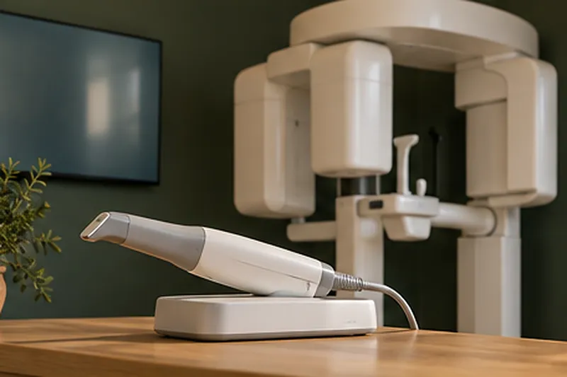 Escáner intraoral sobre una mesa de roble y equipo de radiografía panorámica junto a una pared verde