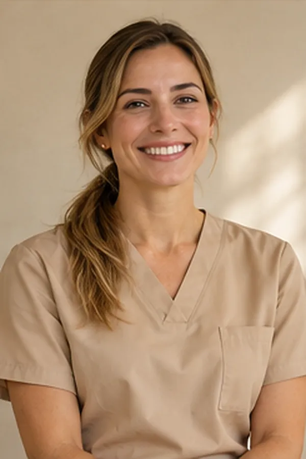Retrato de una higienista dental con coleta y casaca color arena sobre fondo color hueso