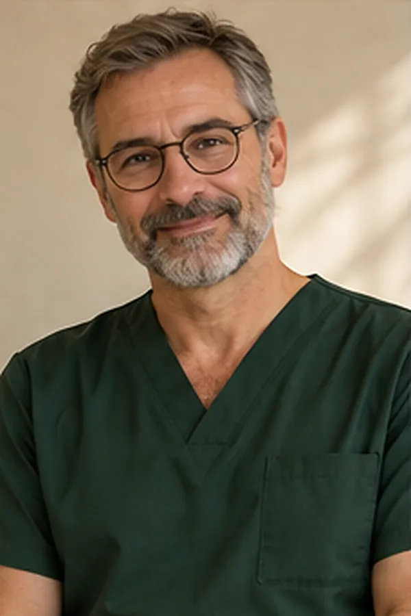 Retrato de un dentista con barba canosa y gafas redondas con casaca verde oscuro