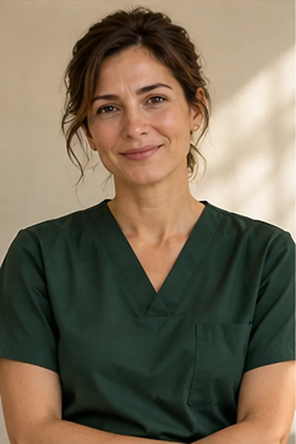 Retrato de una dentista con casaca verde oscuro sobre fondo color hueso