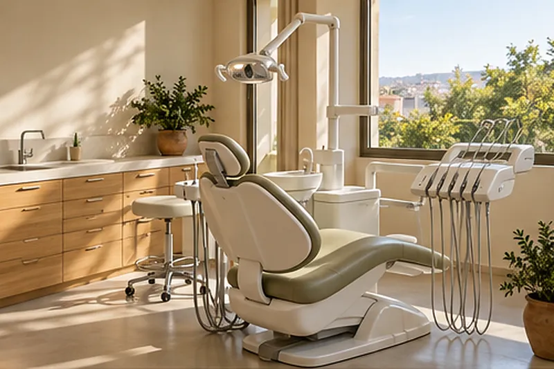 Gabinete dental luminoso con sillón color salvia, muebles de roble y ventana con vistas a los árboles