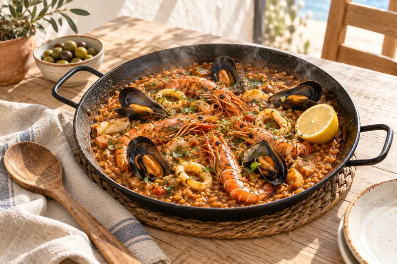 Arroz meloso con gambas, mejillones, calamar y limón en paella de hierro sobre una mesa de madera