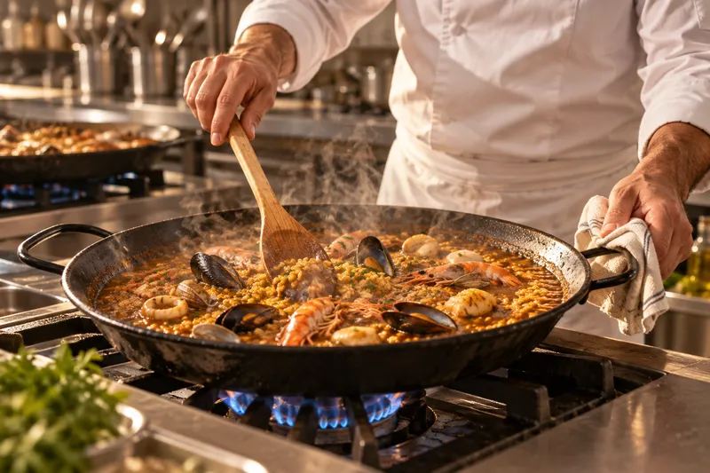 Manos de un cocinero removiendo un arroz de marisco en una paella humeante sobre fuego de gas