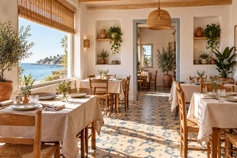 Comedor luminoso con manteles de lino, sillas de enea, suelo hidráulico y ventana con vistas al mar
