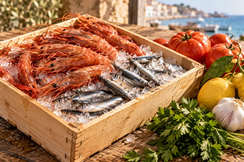 Caja de gambas rojas y boquerones sobre hielo junto a tomates, limones, perejil y ajo