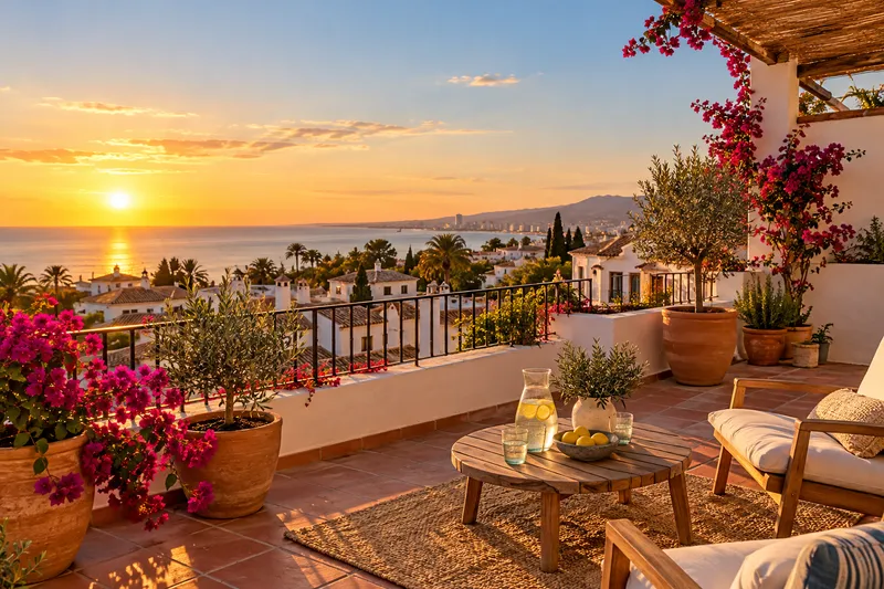 Terraza con buganvillas, olivos en macetas y vistas a los tejados blancos y al mar al atardecer