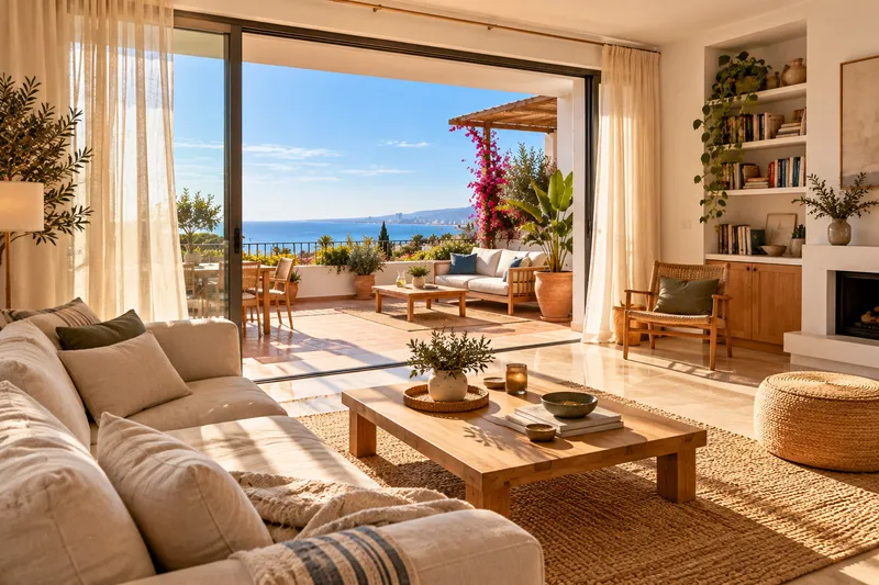 Salón con sofá de lino y ventanal corredero abierto a la terraza con vistas al mar
