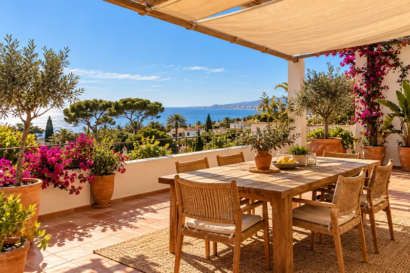 Terraza con mesa de madera para seis, toldo de lona y vistas al mar entre pinos