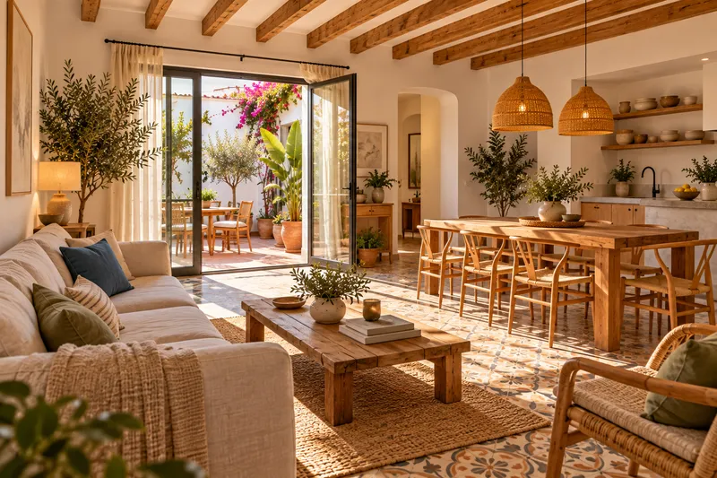 Salón comedor con vigas de madera, suelo hidráulico y puerta abierta al patio